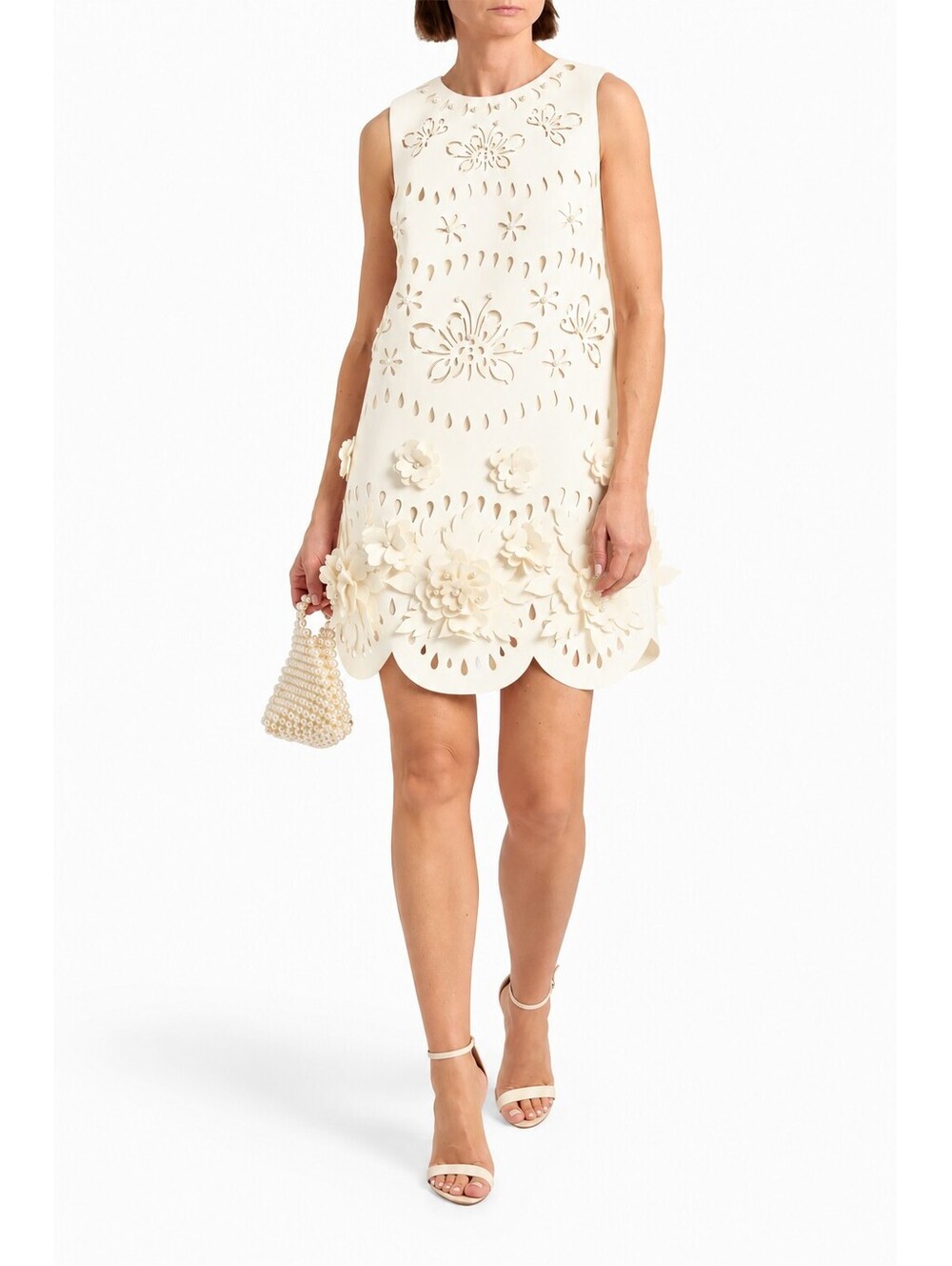 Badgley Mischka Embellished Laser-Cut Scuba Mini Dress Ivory 3D Floral Trapeze